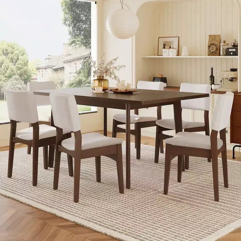 GDFStudio Dalton Modernes 7-teiliges Esszimmerset – Rechteckiger Massivholztisch & gepolsterte Leinenstühle
