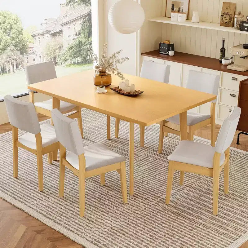 GDFStudio Dalton Modernes 7-teiliges Esszimmerset – Rechteckiger Massivholztisch & gepolsterte Leinenstühle