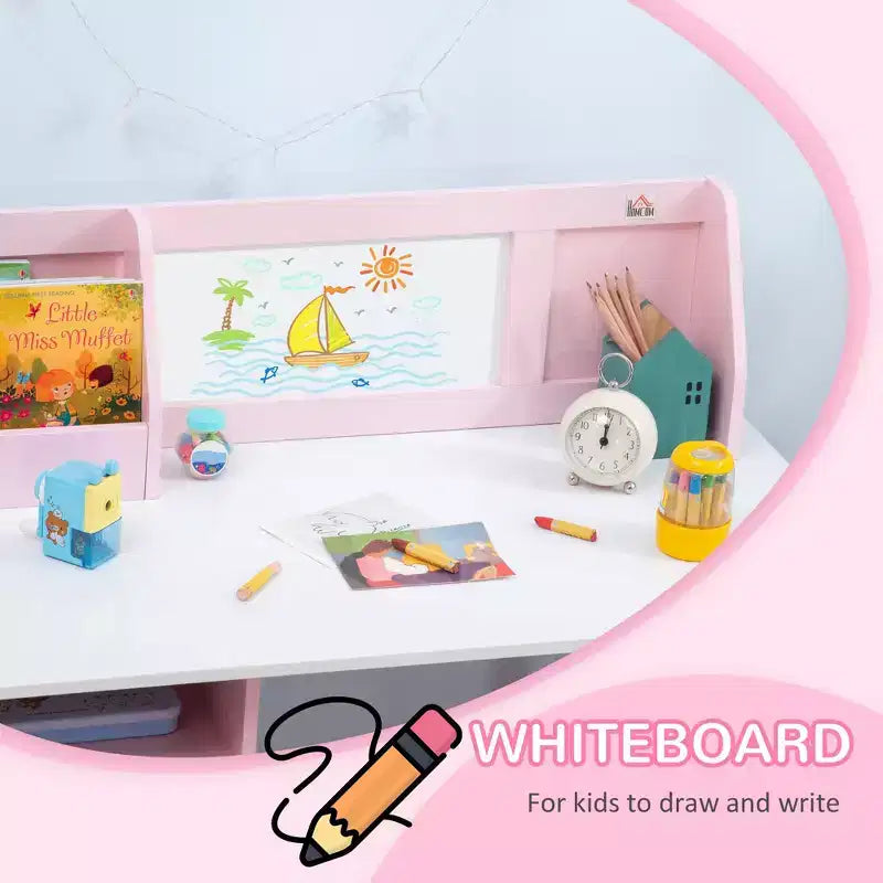Etokfoks Kinder-Schreibtisch- und Stuhlset mit Whiteboard, großem Aufbewahrungsschrank und Organizer für Kunst und Studium, 90 x 45 x 85 cm, Pink