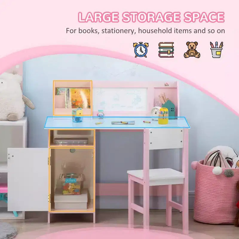 Etokfoks Kinder-Schreibtisch- und Stuhlset mit Whiteboard, großem Aufbewahrungsschrank und Organizer für Kunst und Studium, 90 x 45 x 85 cm, Pink