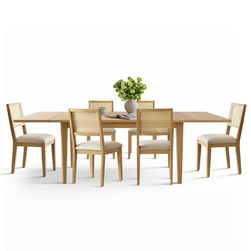 Modernes Esszimmerset für 6/8 Personen, platzsparender ausziehbarer Tisch, Stühle mit Rattanrückenlehne und beigen Polstern für Küche und Esszimmer - Panipeachy