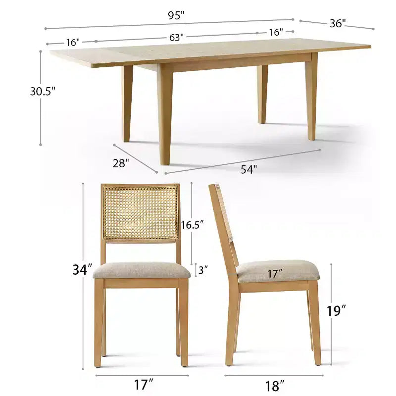 Modernes Esszimmerset für 6/8 Personen, platzsparender ausziehbarer Tisch, Stühle mit Rattanrückenlehne und beigen Polstern für Küche und Esszimmer - Panipeachy