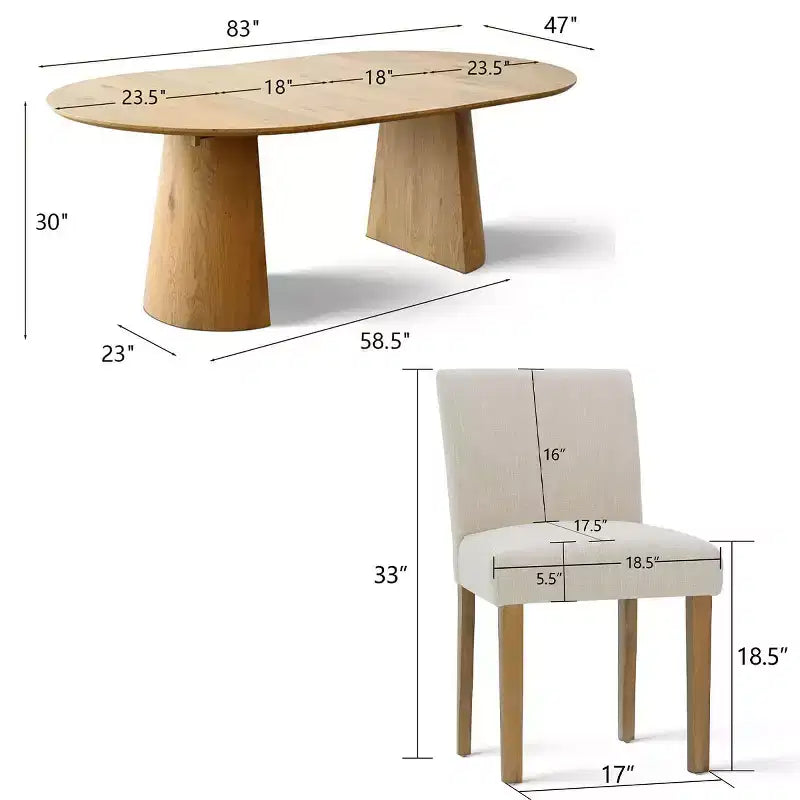 Ausziehbares Esstisch-Set 120-211 cm für 4 Personen, Tisch in Naturholzoptik und 4 gepolsterte armlehnlose Stühle mit Beinen aus Massivholz – Panipeachy