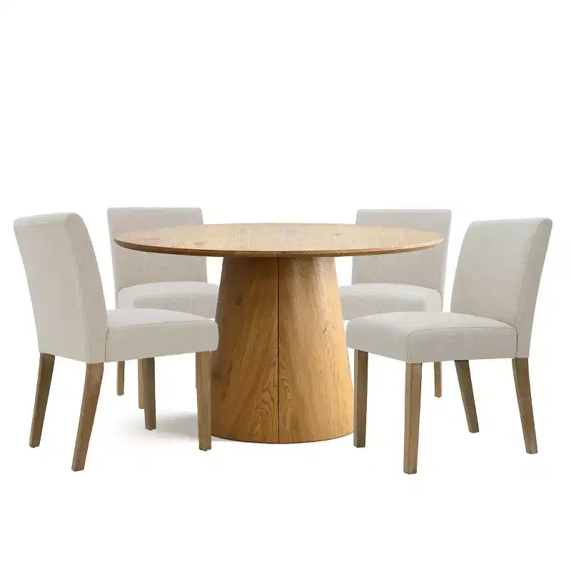 Ausziehbares Esstisch-Set 120-211 cm für 4 Personen, Tisch in Naturholzoptik und 4 gepolsterte armlehnlose Stühle mit Beinen aus Massivholz – Panipeachy