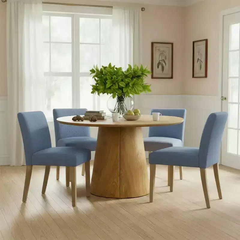 Ausziehbares Esstisch-Set 120-211 cm für 4 Personen, Tisch in Naturholzoptik und 4 gepolsterte armlehnlose Stühle mit Beinen aus Massivholz – Panipeachy