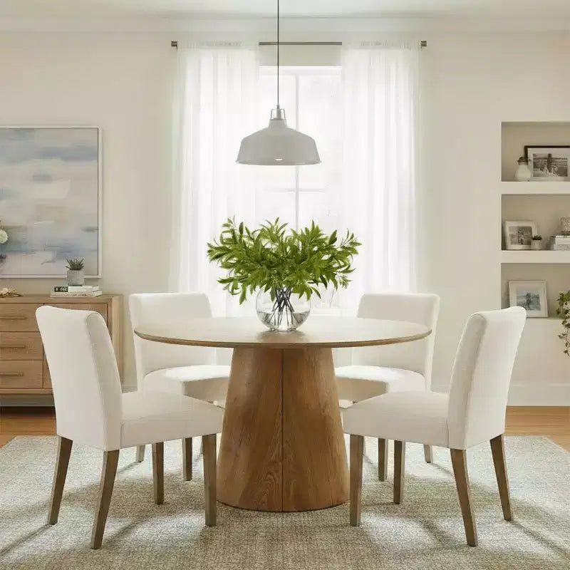 Ausziehbares Esstisch-Set 120-211 cm für 4 Personen, Tisch in Naturholzoptik und 4 gepolsterte armlehnlose Stühle mit Beinen aus Massivholz – Panipeachy