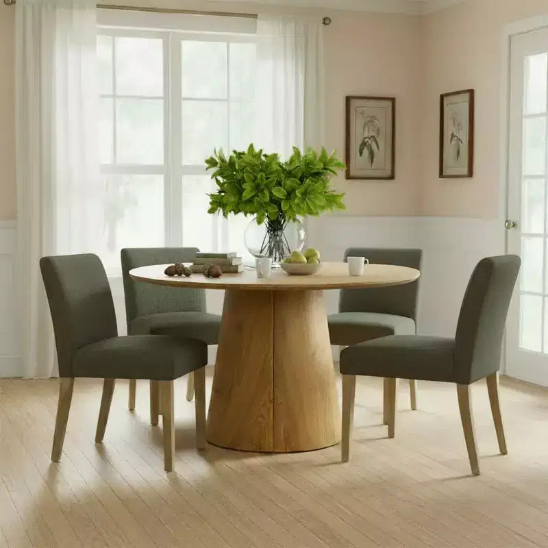 Ausziehbares Esstisch-Set 120-211 cm für 4 Personen, Tisch in Naturholzoptik und 4 gepolsterte armlehnlose Stühle mit Beinen aus Massivholz – Panipeachy