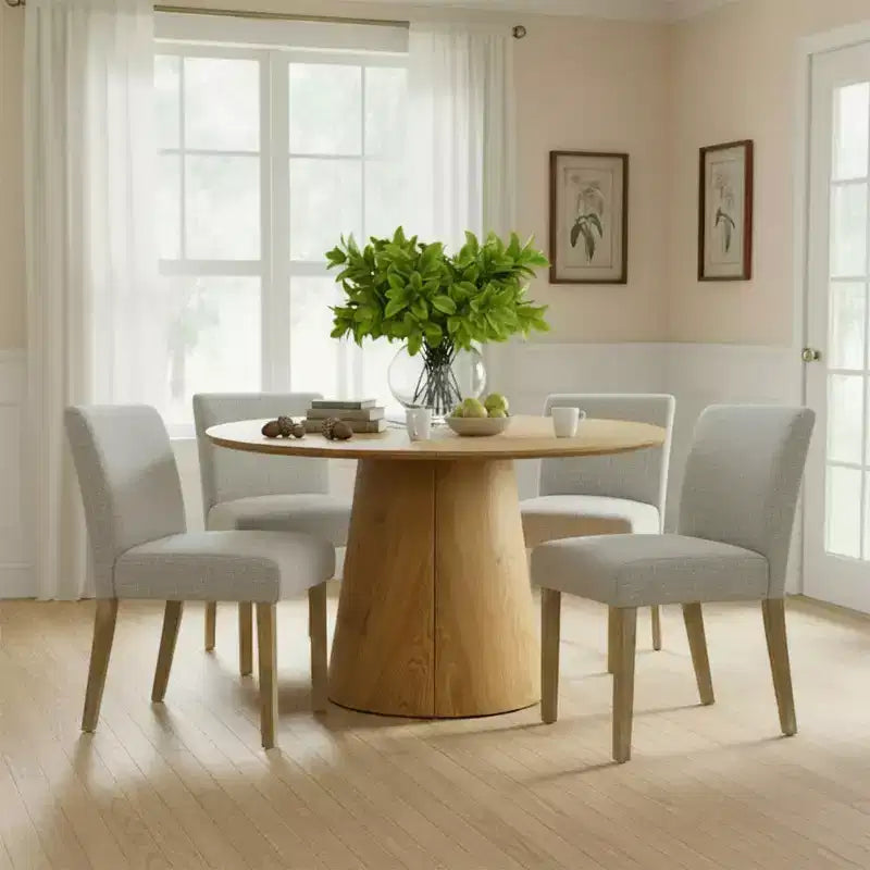 Ausziehbares Esstisch-Set 120-211 cm für 4 Personen, Tisch in Naturholzoptik und 4 gepolsterte armlehnlose Stühle mit Beinen aus Massivholz – Panipeachy