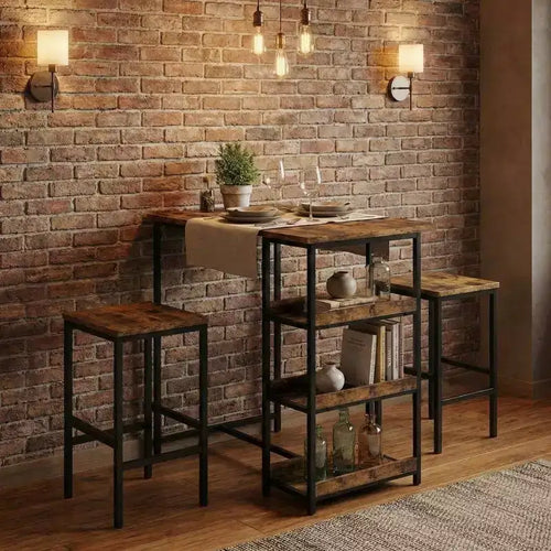 3-teiliges Küchentisch-Set mit Ablagefächern & 2 Barhockern – Esszimmertisch aus Eisen und Holz für Eigentumswohnungen, Apartments und kleine Räume