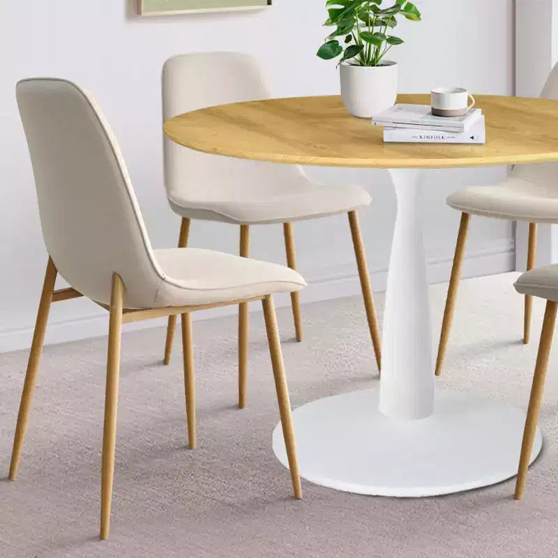 5-teiliges Esszimmerset, runder 37-Zoll-Tisch mit Säulenfuß und Holzoptik-Platte sowie gepolsterten, geschwungenen Stühlen, moderner Stil – Panipeachy