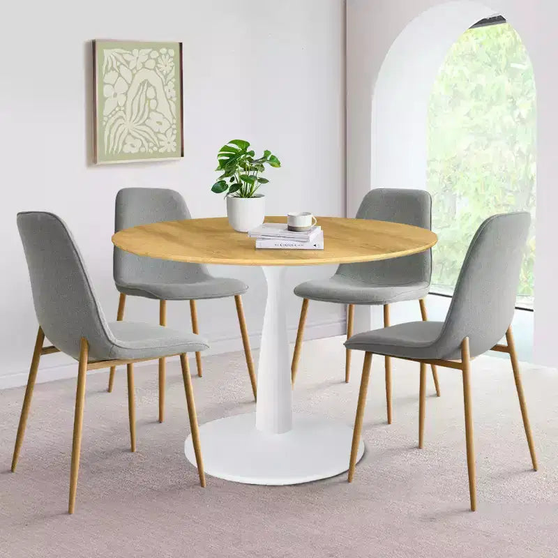 5-teiliges Esszimmerset, runder 37-Zoll-Tisch mit Säulenfuß und Holzoptik-Platte sowie gepolsterten, geschwungenen Stühlen, moderner Stil – Panipeachy