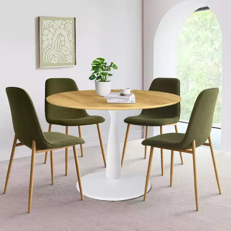 5-teiliges Esszimmerset, runder 37-Zoll-Tisch mit Säulenfuß und Holzoptik-Platte sowie gepolsterten, geschwungenen Stühlen, moderner Stil – Panipeachy