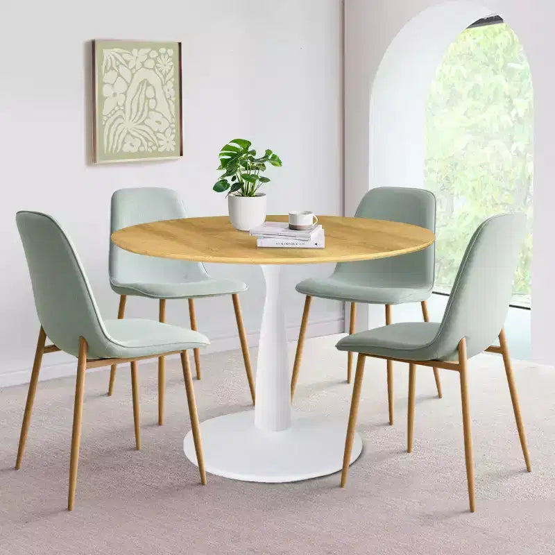 5-teiliges Esszimmerset, runder 37-Zoll-Tisch mit Säulenfuß und Holzoptik-Platte sowie gepolsterten, geschwungenen Stühlen, moderner Stil – Panipeachy