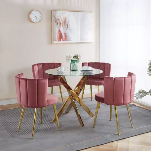 5-teiliges Mid-Century Esszimmer-Set mit Glastischplatte und Metallbeinen für 4-6 Personen, auch als Couchtisch verwendbar