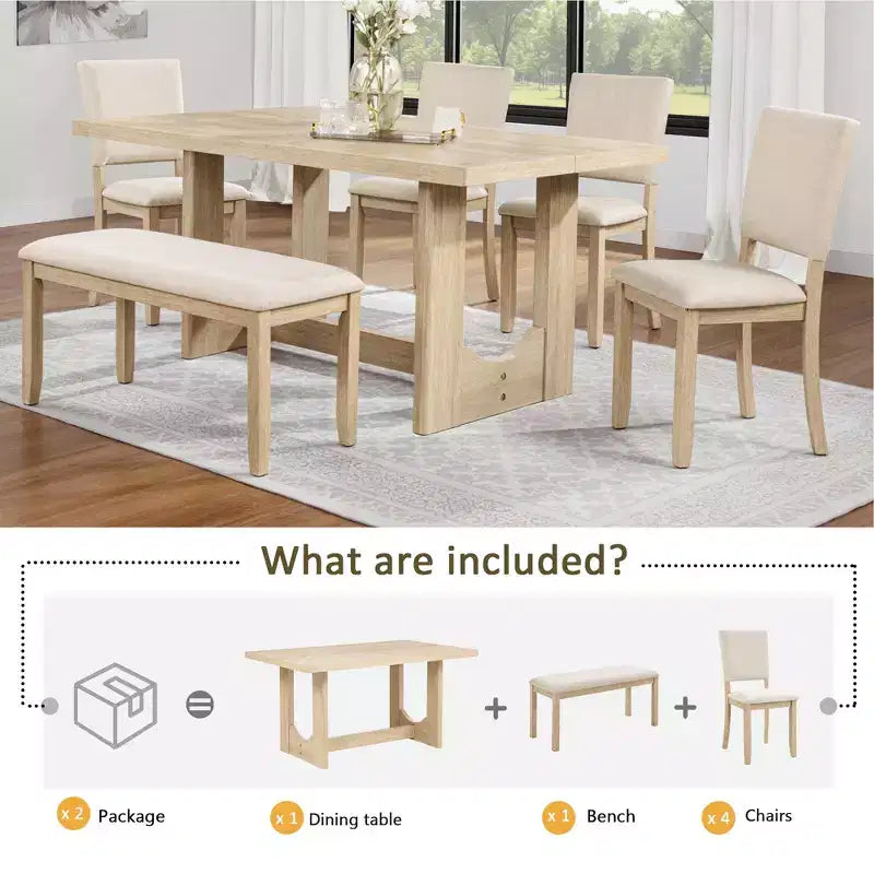 GDFStudio Kiley Modernes 6-teiliges Esszimmerset aus Holz mit Bank und vier gepolsterten Stühlen