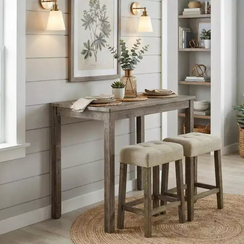 GDFStudio Bennett Übergangs-Essgruppe, 3-teilig, Thekenhöhe, aus Holz, mit gepolsterten Hockern mit Knopfheftung (Biscuit-Tufting)