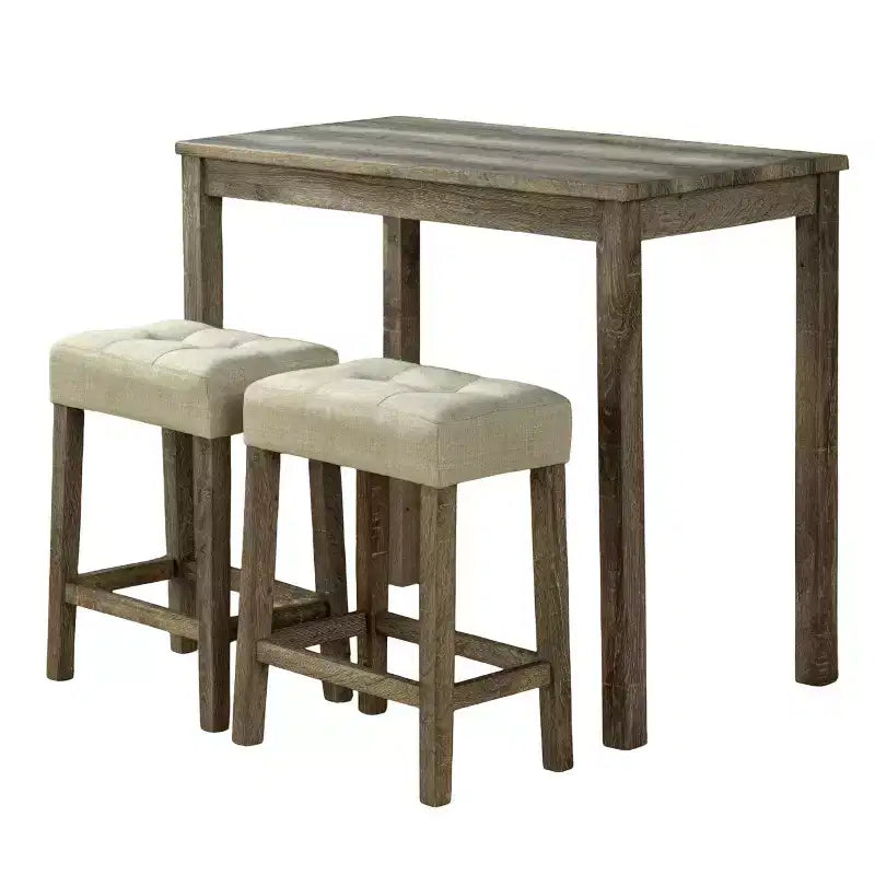 GDFStudio Bennett Übergangs-Essgruppe, 3-teilig, Thekenhöhe, aus Holz, mit gepolsterten Hockern mit Knopfheftung (Biscuit-Tufting)