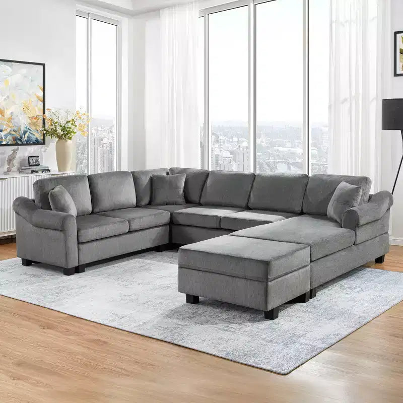 Wohnlandschaft 111.8 U-förmiges Sofa mit Chenille-Bezug, Couch mit beweglichem Stauraum-Hocker, Dunkelgrau