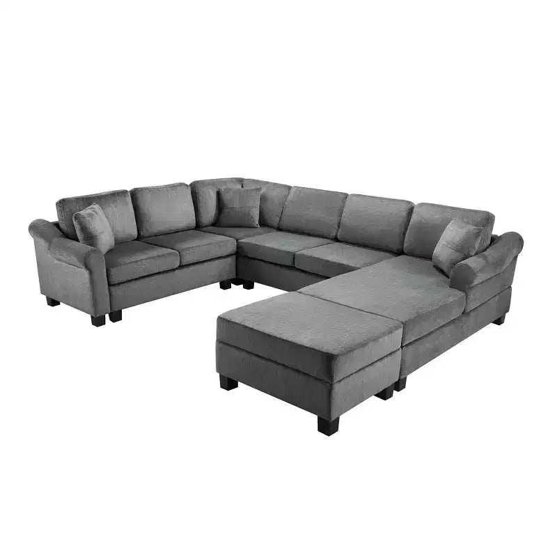Wohnlandschaft 111.8 U-förmiges Sofa mit Chenille-Bezug, Couch mit beweglichem Stauraum-Hocker, Dunkelgrau