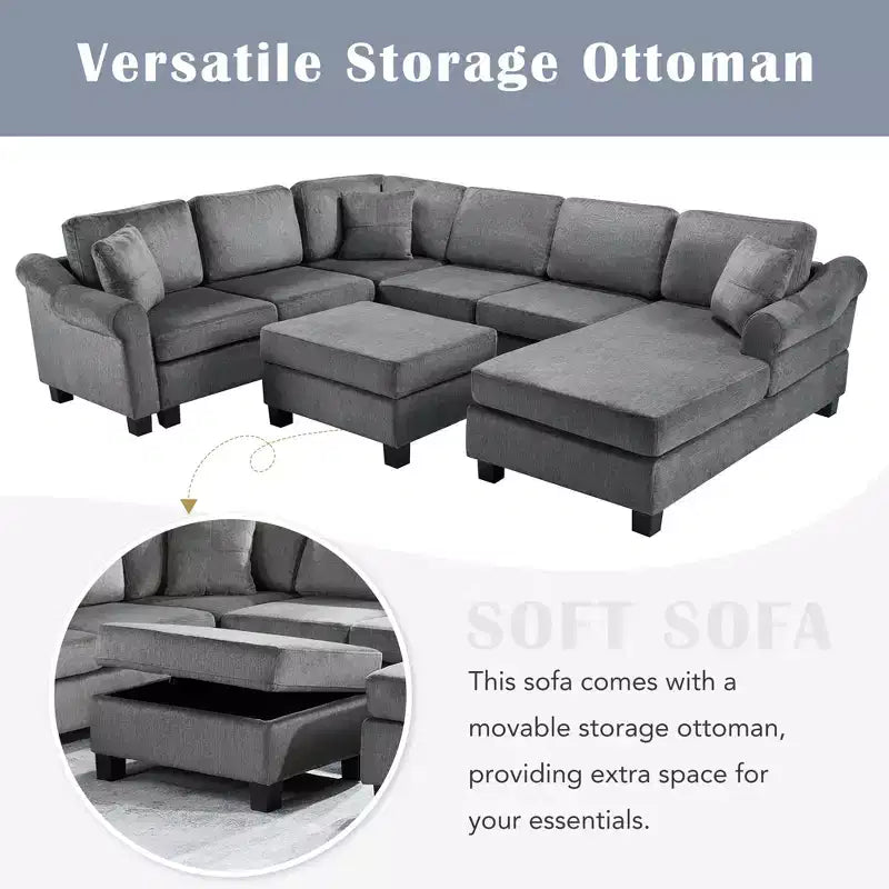 Wohnlandschaft 111.8 U-förmiges Sofa mit Chenille-Bezug, Couch mit beweglichem Stauraum-Hocker, Dunkelgrau