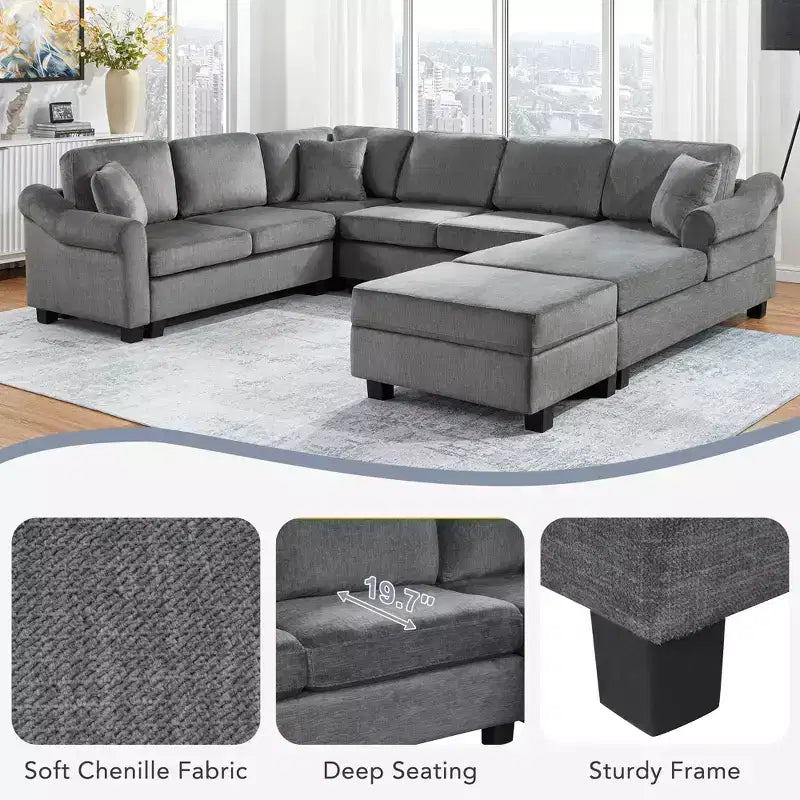 Wohnlandschaft 111.8 U-förmiges Sofa mit Chenille-Bezug, Couch mit beweglichem Stauraum-Hocker, Dunkelgrau