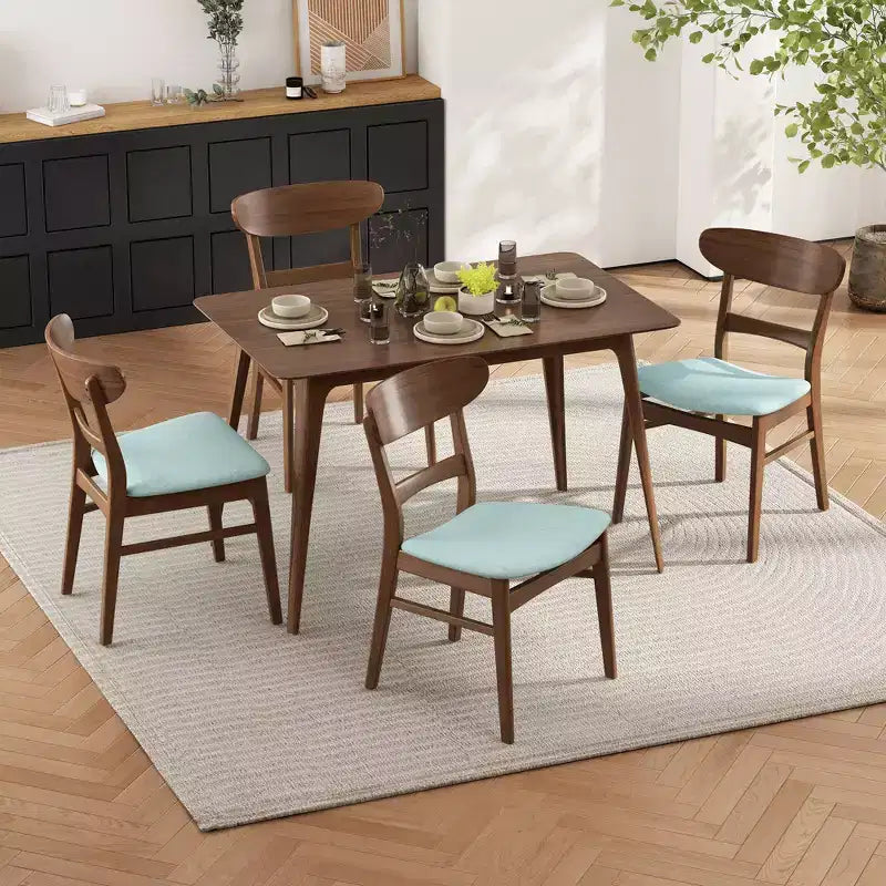Essgruppen-Set für kleine Räume für 4 Personen, 5-teiliges Set mit rechteckigem Massivholztisch und 4 gepolsterten Stühlen für die Küche, Mint, Walnuss