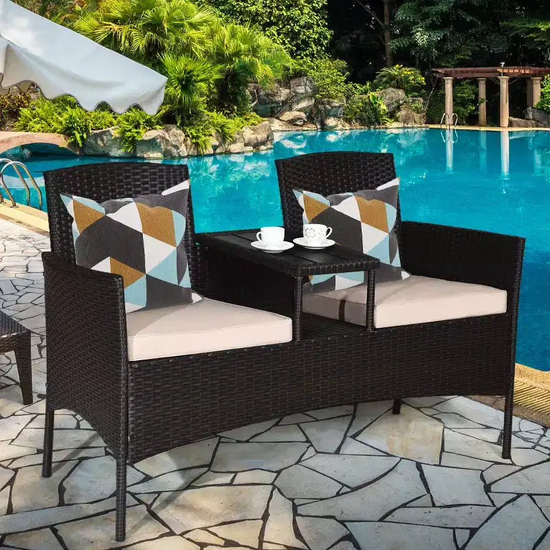 Costway Patentiertes Terrassen-Rattan-Sitzgruppen-Set Loveseat Sofa Tisch Stühle Konversations-Set mit Polstern
