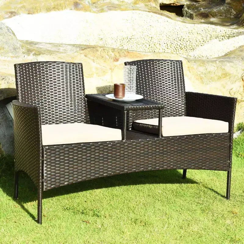 Costway Patentiertes Terrassen-Rattan-Sitzgruppen-Set Loveseat Sofa Tisch Stühle Konversations-Set mit Polstern