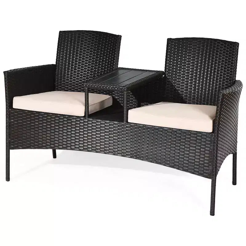 Costway Patentiertes Terrassen-Rattan-Sitzgruppen-Set Loveseat Sofa Tisch Stühle Konversations-Set mit Polstern