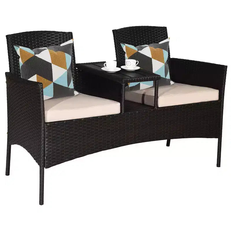 Costway Patentiertes Terrassen-Rattan-Sitzgruppen-Set Loveseat Sofa Tisch Stühle Konversations-Set mit Polstern