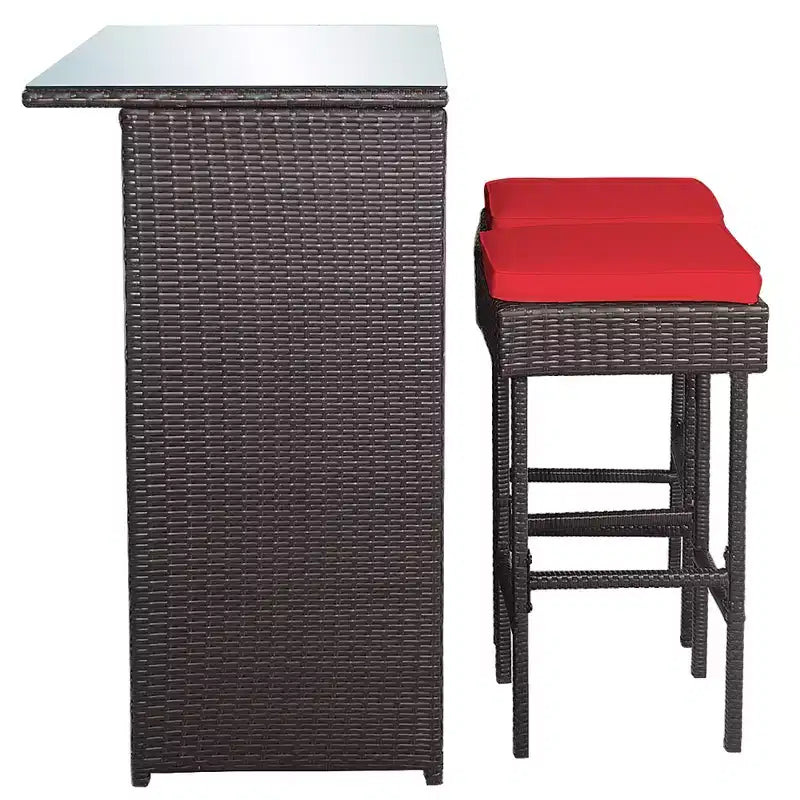 Costway 3-tlg. Terrassen-Barset aus Rattan, Bistrotisch mit Barhockern und gepolsterten Stühlen für den Garten, Rot