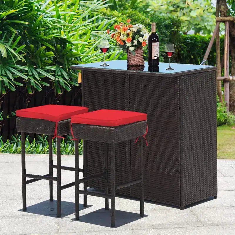Costway 3-tlg. Terrassen-Barset aus Rattan, Bistrotisch mit Barhockern und gepolsterten Stühlen für den Garten, Rot