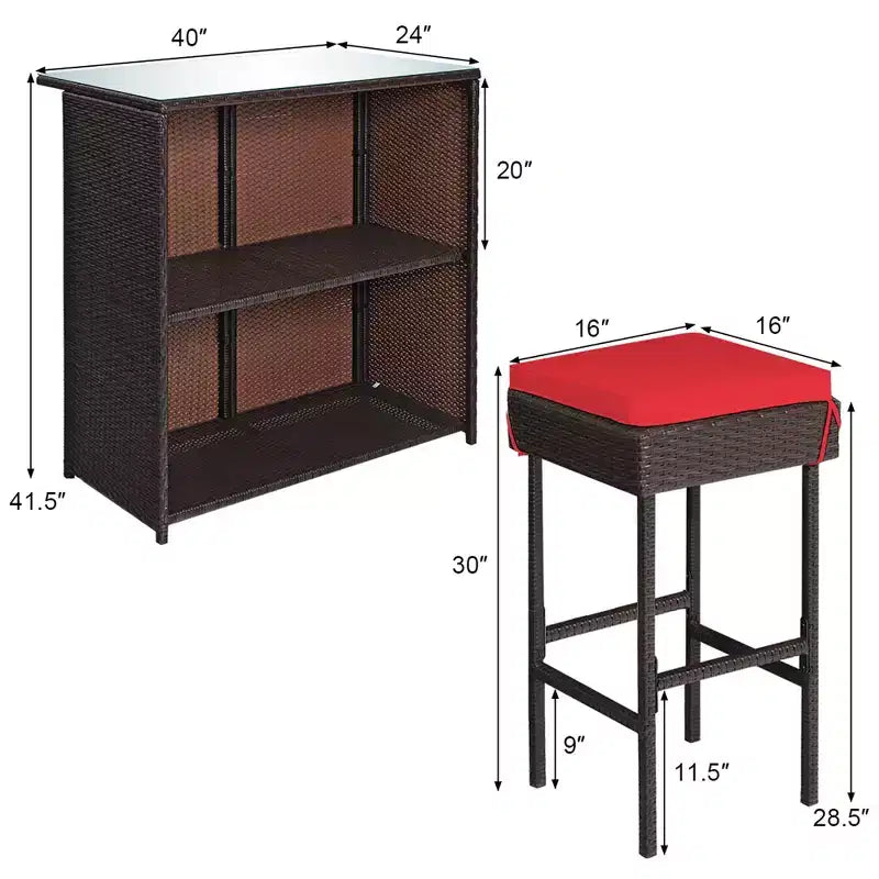 Costway 3-tlg. Terrassen-Barset aus Rattan, Bistrotisch mit Barhockern und gepolsterten Stühlen für den Garten, Rot