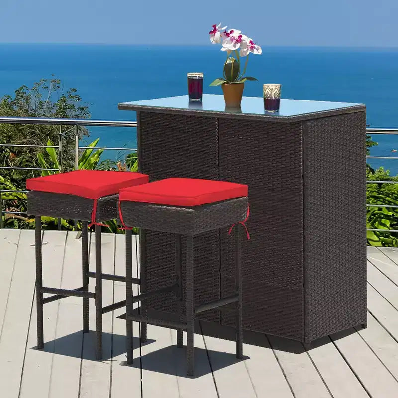 Costway 3-tlg. Terrassen-Barset aus Rattan, Bistrotisch mit Barhockern und gepolsterten Stühlen für den Garten, Rot