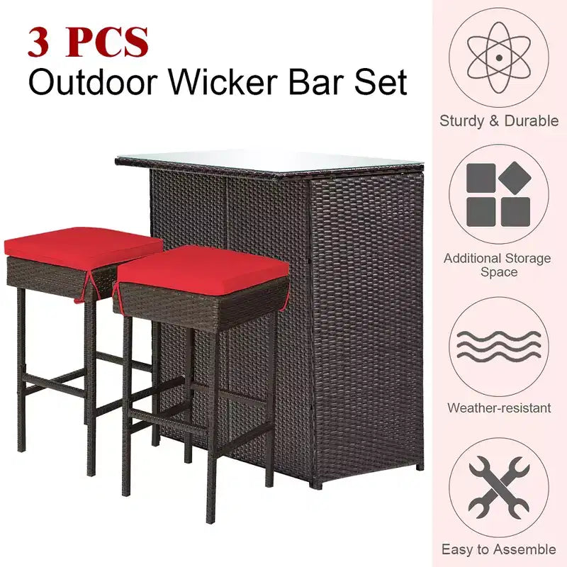 Costway 3-tlg. Terrassen-Barset aus Rattan, Bistrotisch mit Barhockern und gepolsterten Stühlen für den Garten, Rot