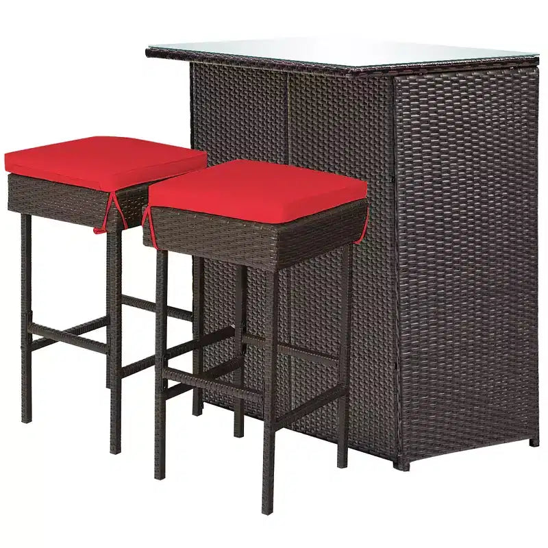 Costway 3-tlg. Terrassen-Barset aus Rattan, Bistrotisch mit Barhockern und gepolsterten Stühlen für den Garten, Rot