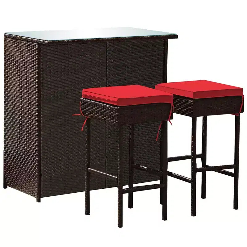 Costway 3-tlg. Terrassen-Barset aus Rattan, Bistrotisch mit Barhockern und gepolsterten Stühlen für den Garten, Rot