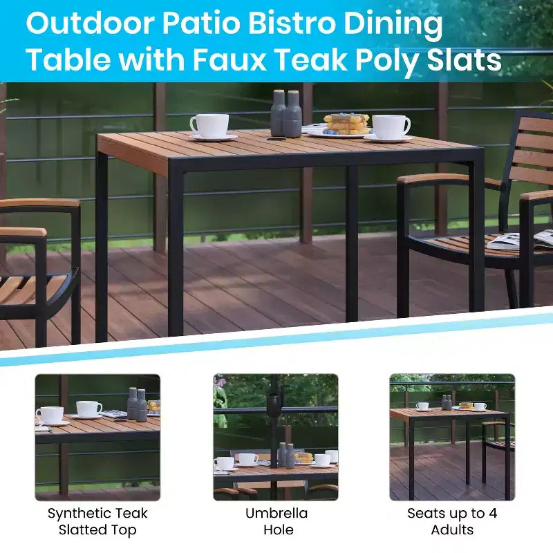 Emma and Oliver 3-teiliges Terrassentisch-Set - Synthetische Teakholz-Poly-Latten - 35-Zoll quadratischer Tisch mit Stahlrahmen und 2 stapelbaren Stühlen in Teakholz-Optik