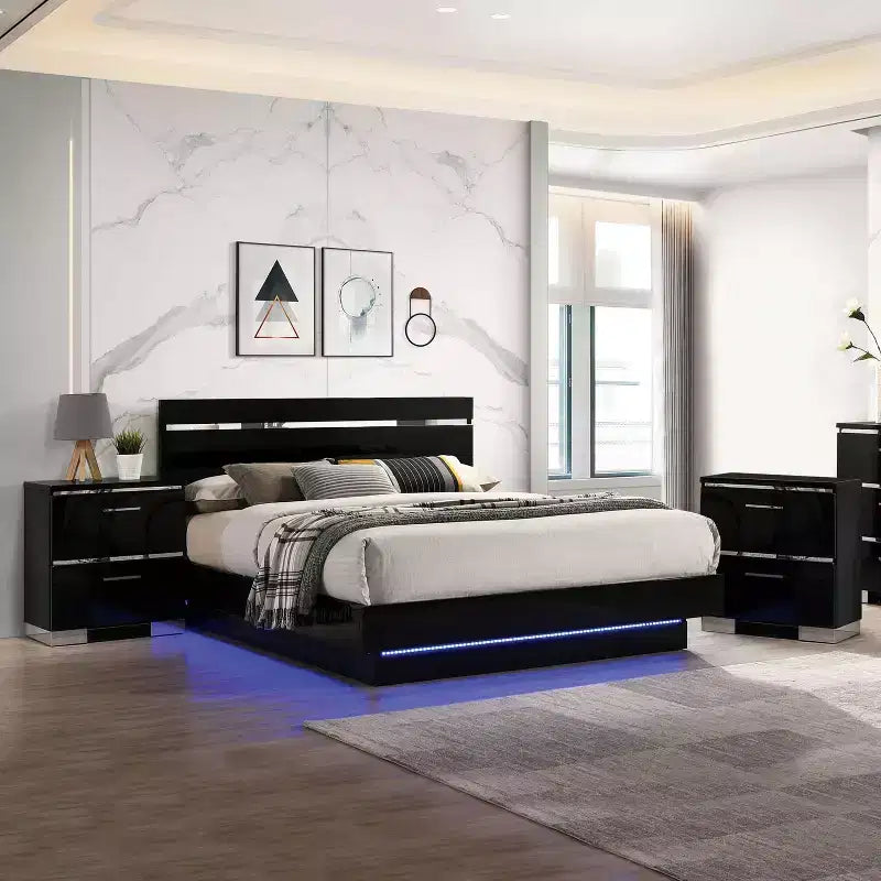 3-tlg. Cavatao Bett mit 2 Nachttischen Schwarz/Chrom - miBasics