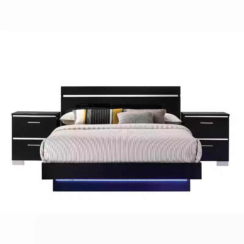 3-tlg. Cavatao Bett mit 2 Nachttischen Schwarz/Chrom - miBasics