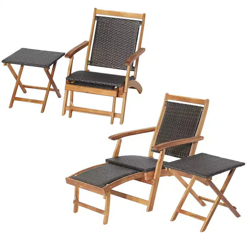 Costway 4-tlg. Terrassen-Rattan-Klappstuhl-Set mit Tisch aus Akazienholz und ausziehbarer Fußstütze