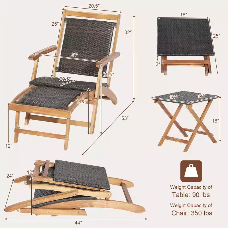 Costway 4-tlg. Terrassen-Rattan-Klappstuhl-Set mit Tisch aus Akazienholz und ausziehbarer Fußstütze