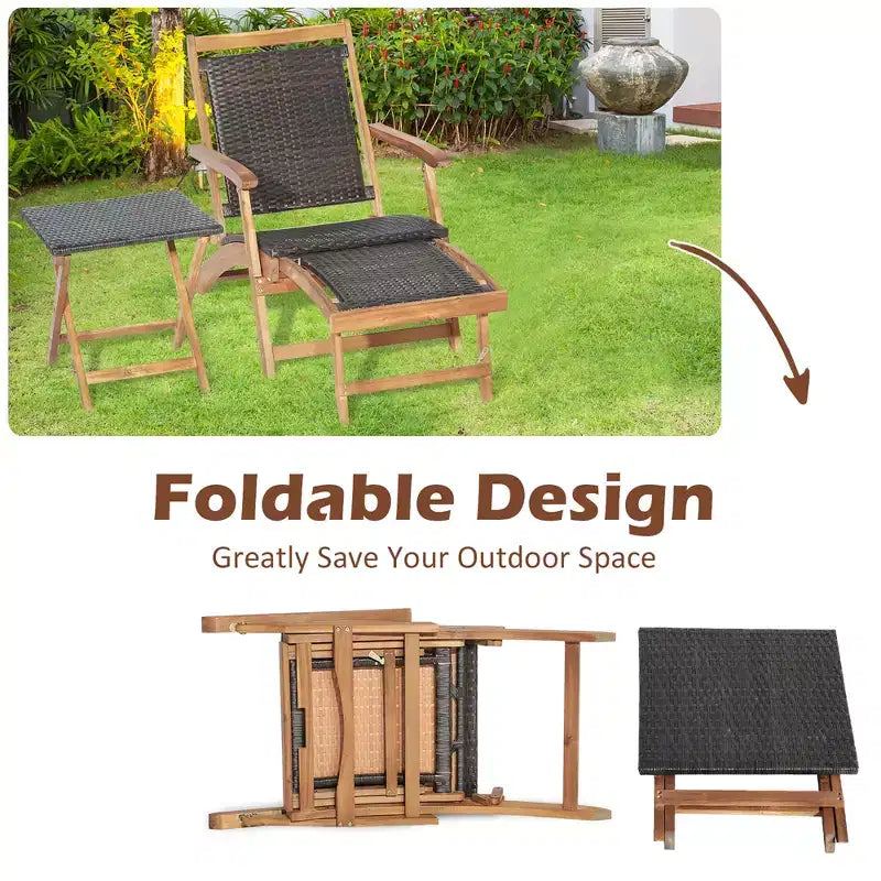 Costway 4-tlg. Terrassen-Rattan-Klappstuhl-Set mit Tisch aus Akazienholz und ausziehbarer Fußstütze