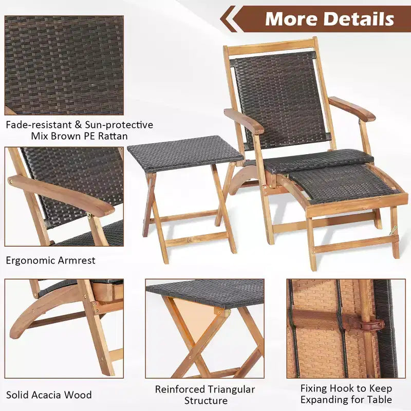 Costway 4-tlg. Terrassen-Rattan-Klappstuhl-Set mit Tisch aus Akazienholz und ausziehbarer Fußstütze