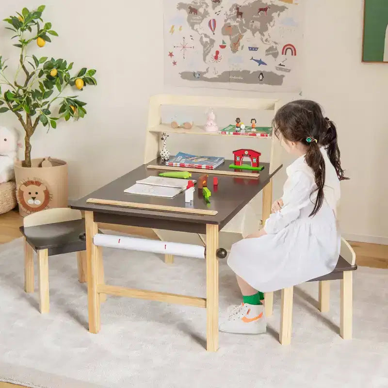 Costway Kindersitzgruppe mit Maltisch, Zeichentisch aus Holz mit Papierrolle, Ablagefächern und Stühlen