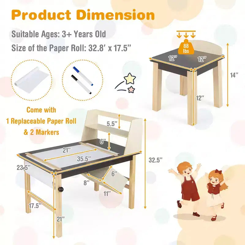 Costway Kindersitzgruppe mit Maltisch, Zeichentisch aus Holz mit Papierrolle, Ablagefächern und Stühlen