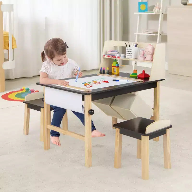 Costway Kindersitzgruppe mit Maltisch, Zeichentisch aus Holz mit Papierrolle, Ablagefächern und Stühlen