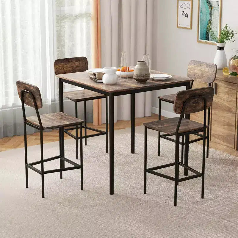 Costway 5-teiliges Industrie-Essgruppen-Set mit Stehtisch & 4 Barhockern Schwarz/Grau/Walnuss