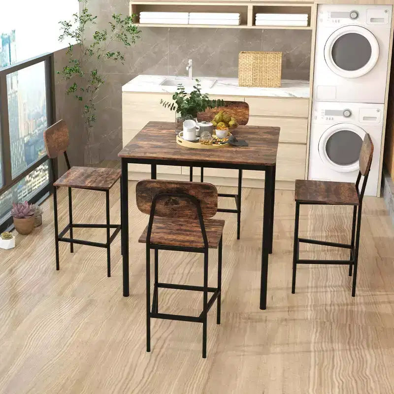 Costway 5-teiliges Industrie-Essgruppen-Set mit Stehtisch & 4 Barhockern Schwarz/Grau/Walnuss