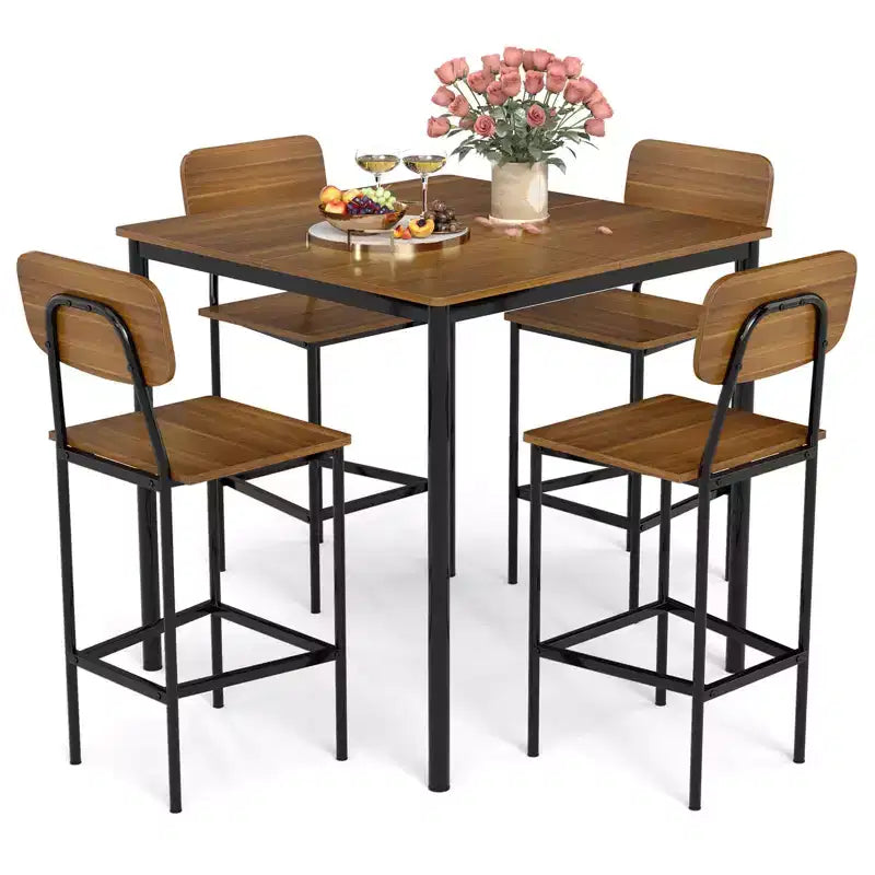 Costway 5-teiliges Industrie-Essgruppen-Set mit Stehtisch & 4 Barhockern Schwarz/Grau/Walnuss